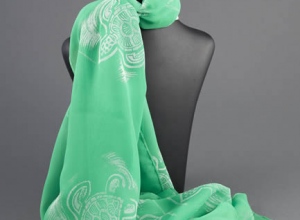 White Turtle Lino print on Light Green Chiffon Scarf