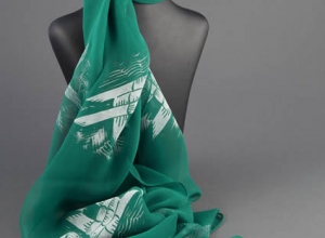 White Woven Fish Lino print on Dark Green Chiffon Scarf
